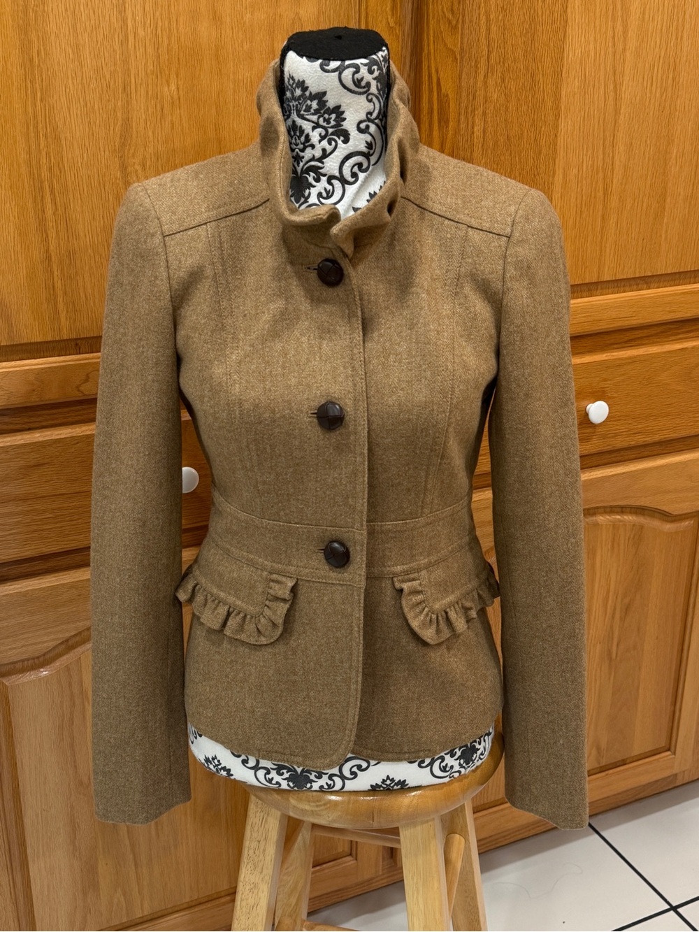 J.Crew Size 2 Brown Wool Blend Ruffle Collar Riding Jacket Blazer Cottagecore